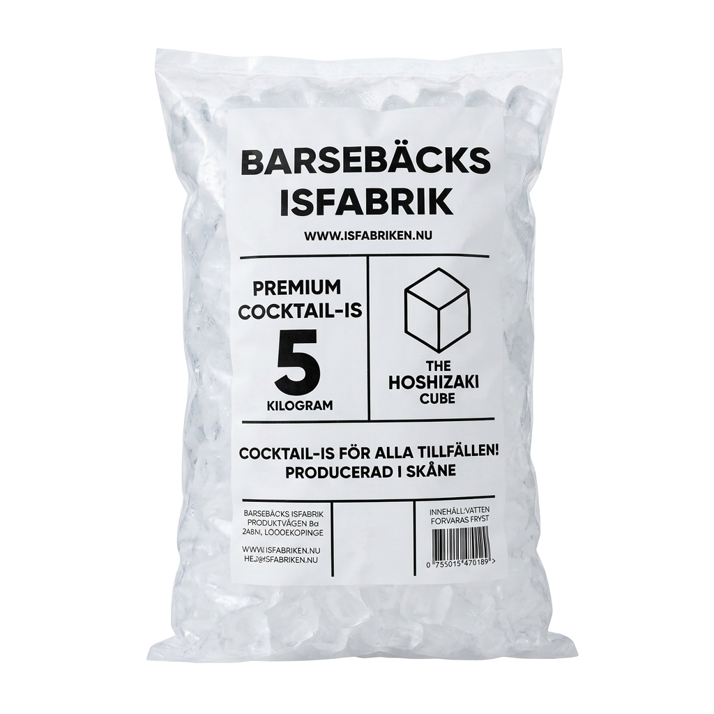 5 kg påse med premium cocktail-is från Barsebäcks Isfabrik